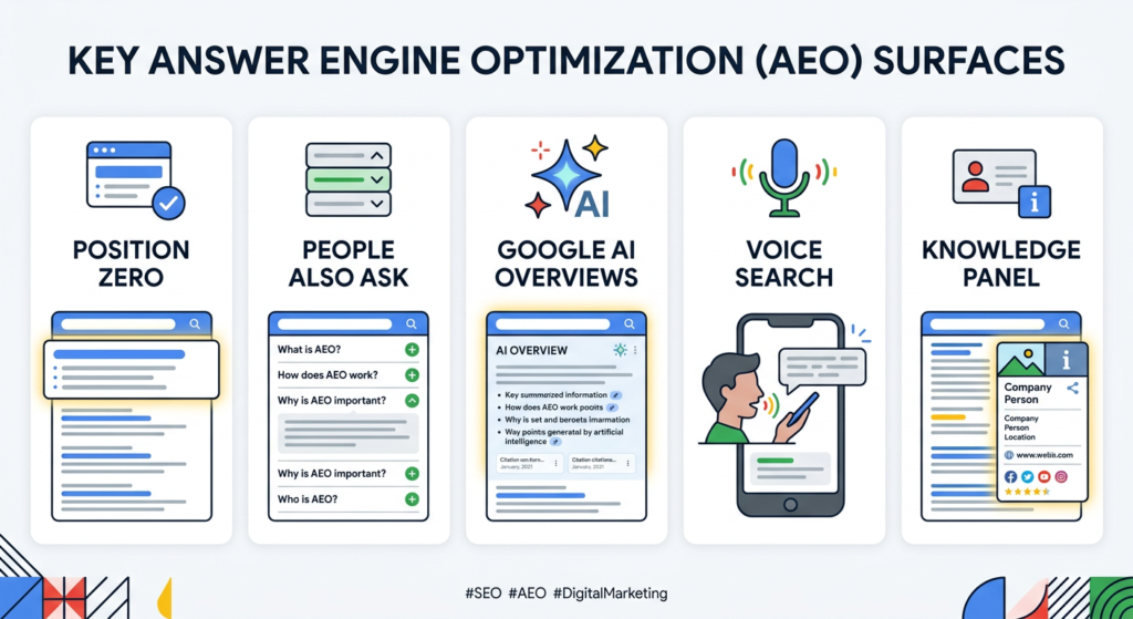 The five AEO surfaces: featured snippet position zero, People Also Ask boxes, Google AI Overviews, voice search responses, and knowledge panels