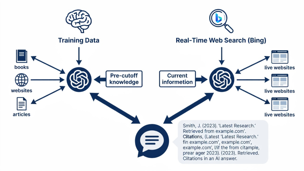 Diagram explaining the two ways ChatGPT generates citations, from training data and from real-time web search via Bing