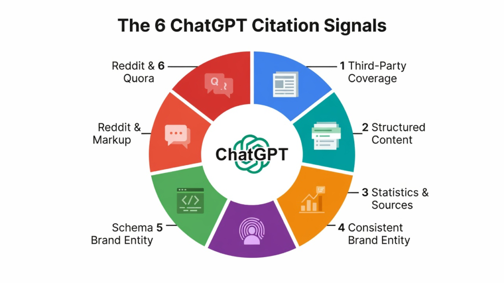 Infographic showing the six signals that influence ChatGPT brand citations: third-party coverage, structured content, statistics and sources, consistent brand entity, schema markup, and Reddit and Quora mentions