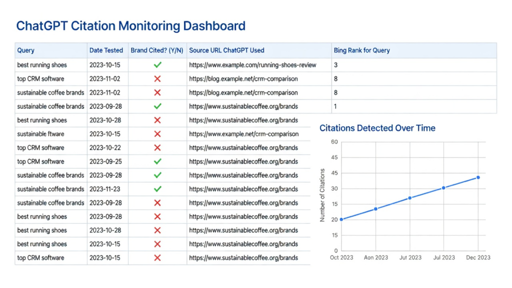 A ChatGPT citation tracking spreadsheet showing how to monitor brand citation progress across target queries over time