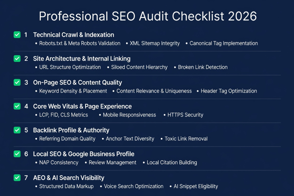 Professional SEO audit checklist infographic showing seven components: technical crawl, site architecture, on-page SEO, Core Web Vitals, backlinks, local SEO, and AEO