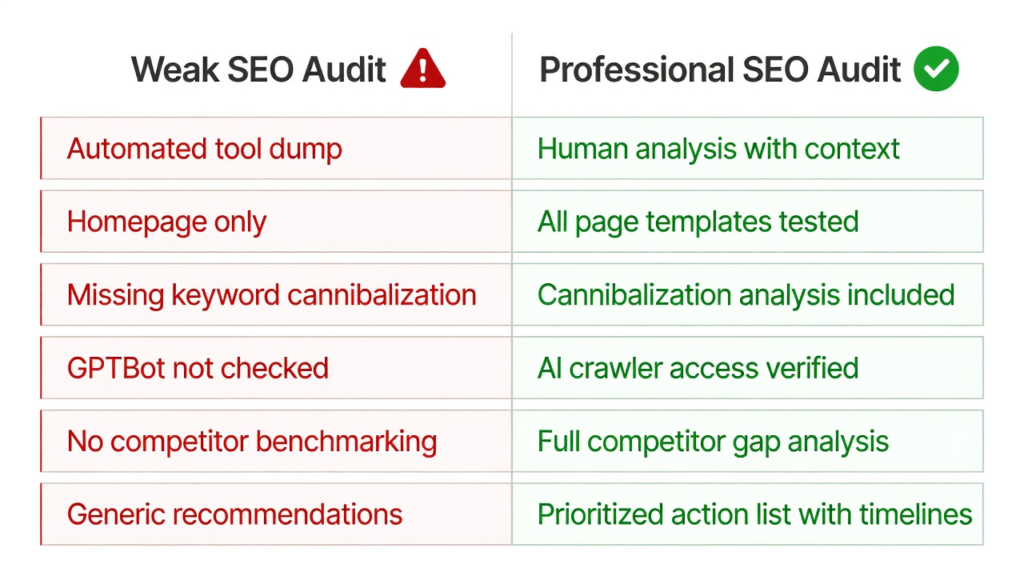 Comparison table showing the difference between a weak SEO audit and a professional SEO audit across six key dimensions
