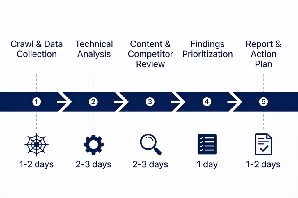 SEO audit process timeline showing five stages from data collection to final report, typically taking 7-10 business days